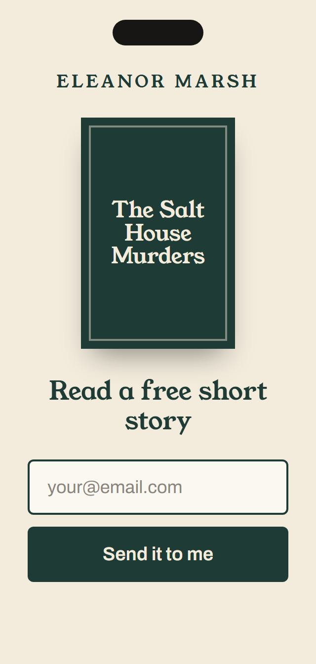 Eleanor Marsh website on mobile, free short story signup (placeholder screenshot)